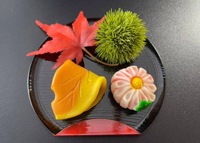 A selection of seasonally shaped wagashi sweets, representing the four seasons.